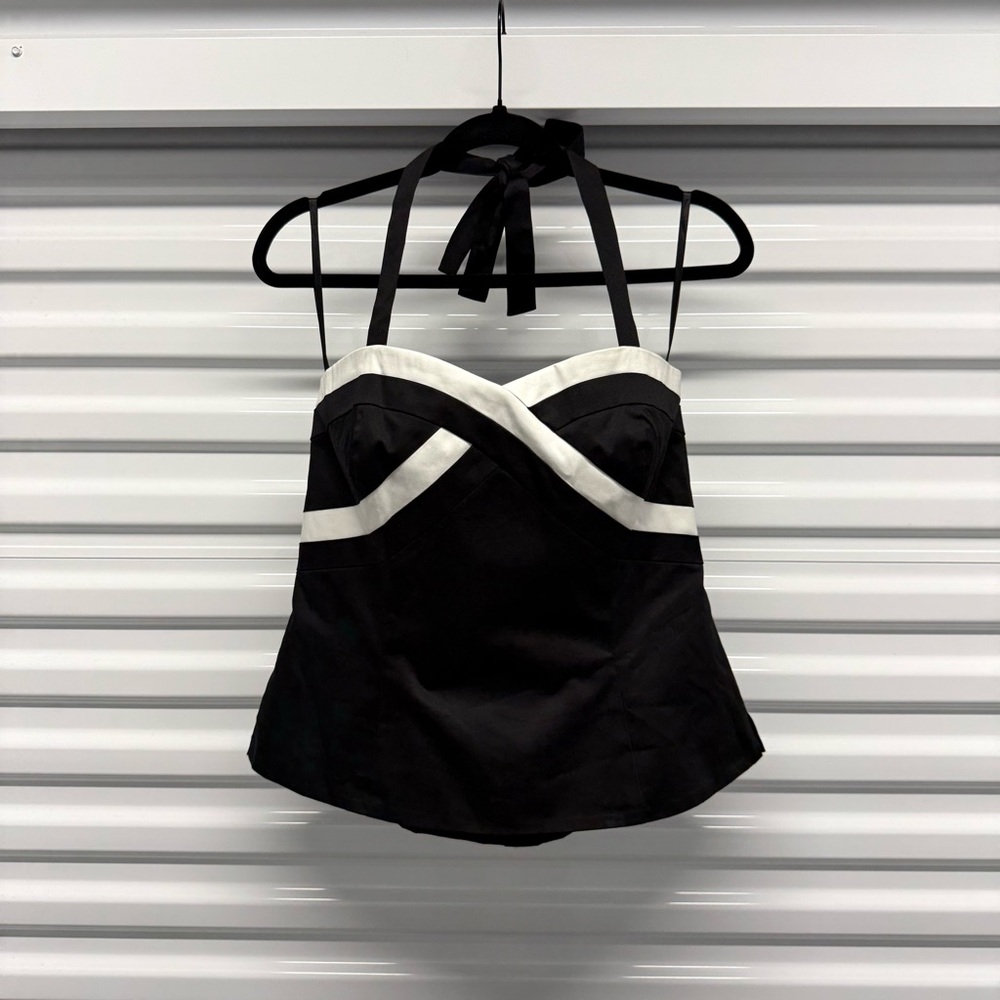 White House Black Market Halter Bustier Top Black White Sweetheart Size 14 NWT